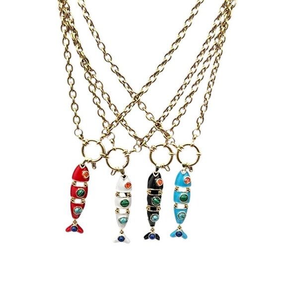 Multi-Gemstone White Enamel Fish Pendant Necklace 18K Gold Plated Chain 17 Inch - Picture 8 of 9